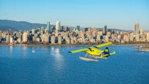 A Harbour Air eplane flying into Vancouver